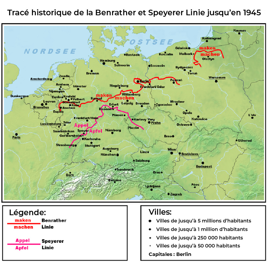 Darstellungskarte des historischen Verlaufes der Benrather und der Speyerer Linie als Trenngrenze zwischen Nieder- und Mitteldeutsch.
