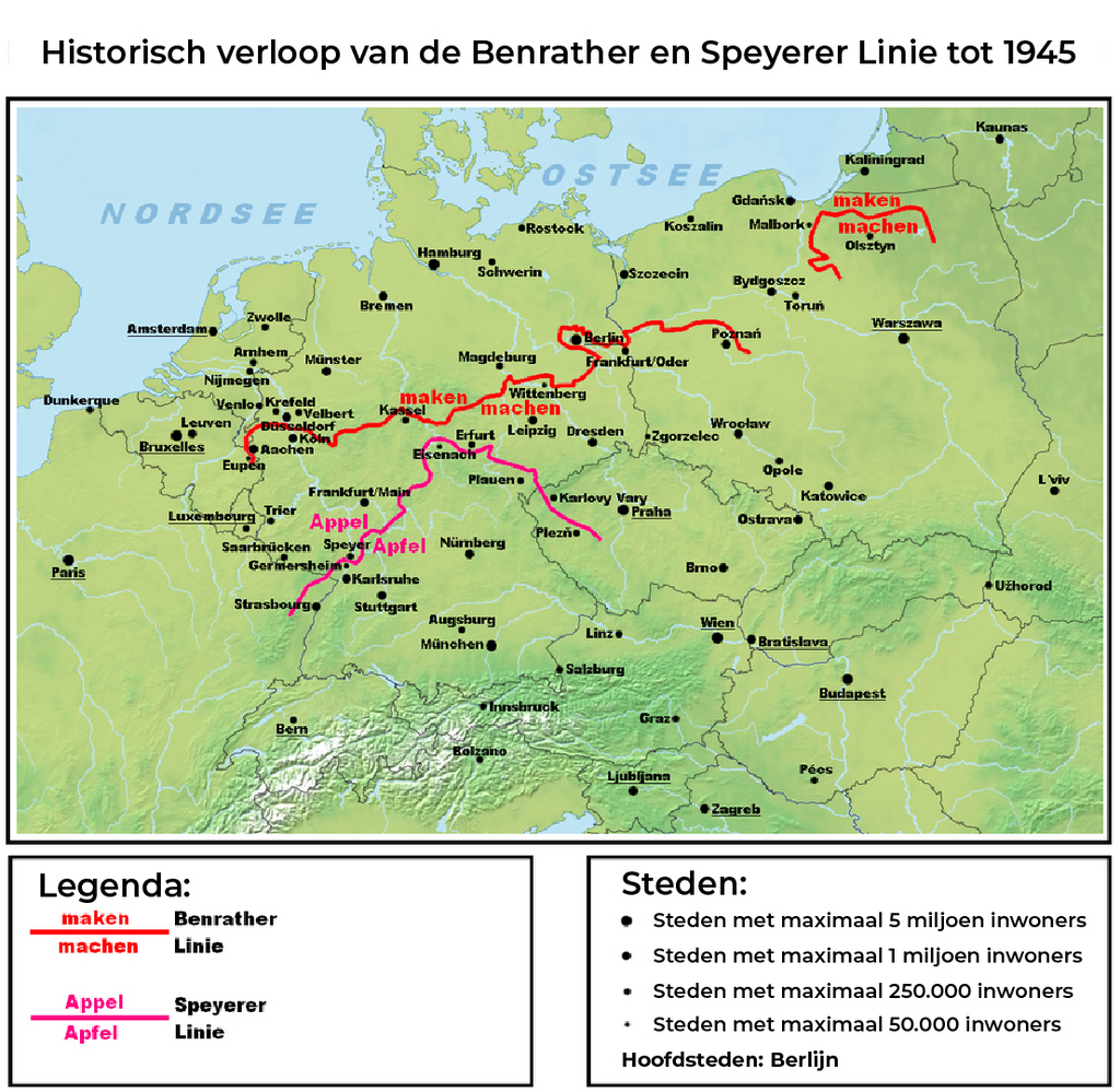 Darstellungskarte des historischen Verlaufes der Benrather und der Speyerer Linie als Trenngrenze zwischen Nieder- und Mitteldeutsch.