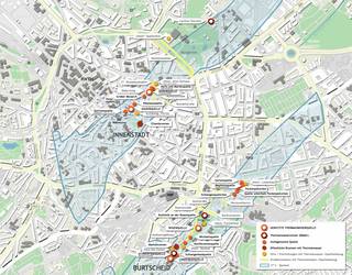 Lageplan der Aachener und Burtscheider Thermalquellen und Stationen der Thermalwasserroute Aachen